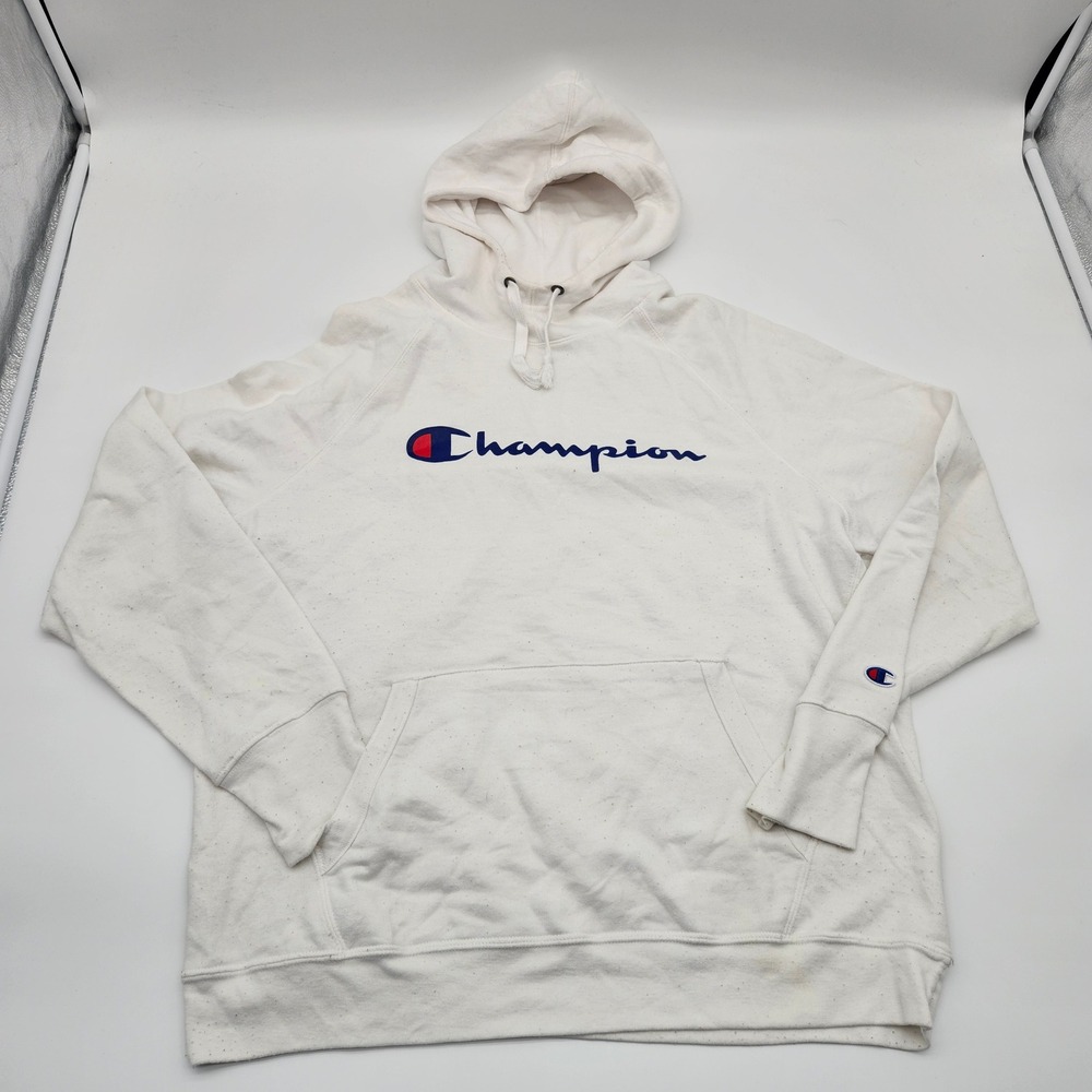 Champion Reverse‎ Weave Hoodie White Speckled Logo Pullover Athleisure Size XL